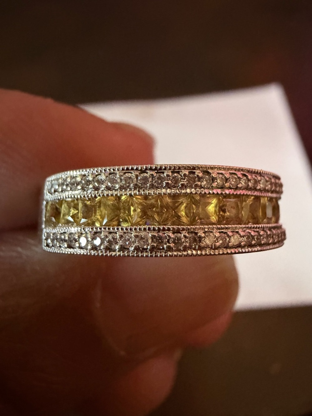 14kt white gold Band ring w/ Princess-Cut Yellow Sapphire w/ round diamonds